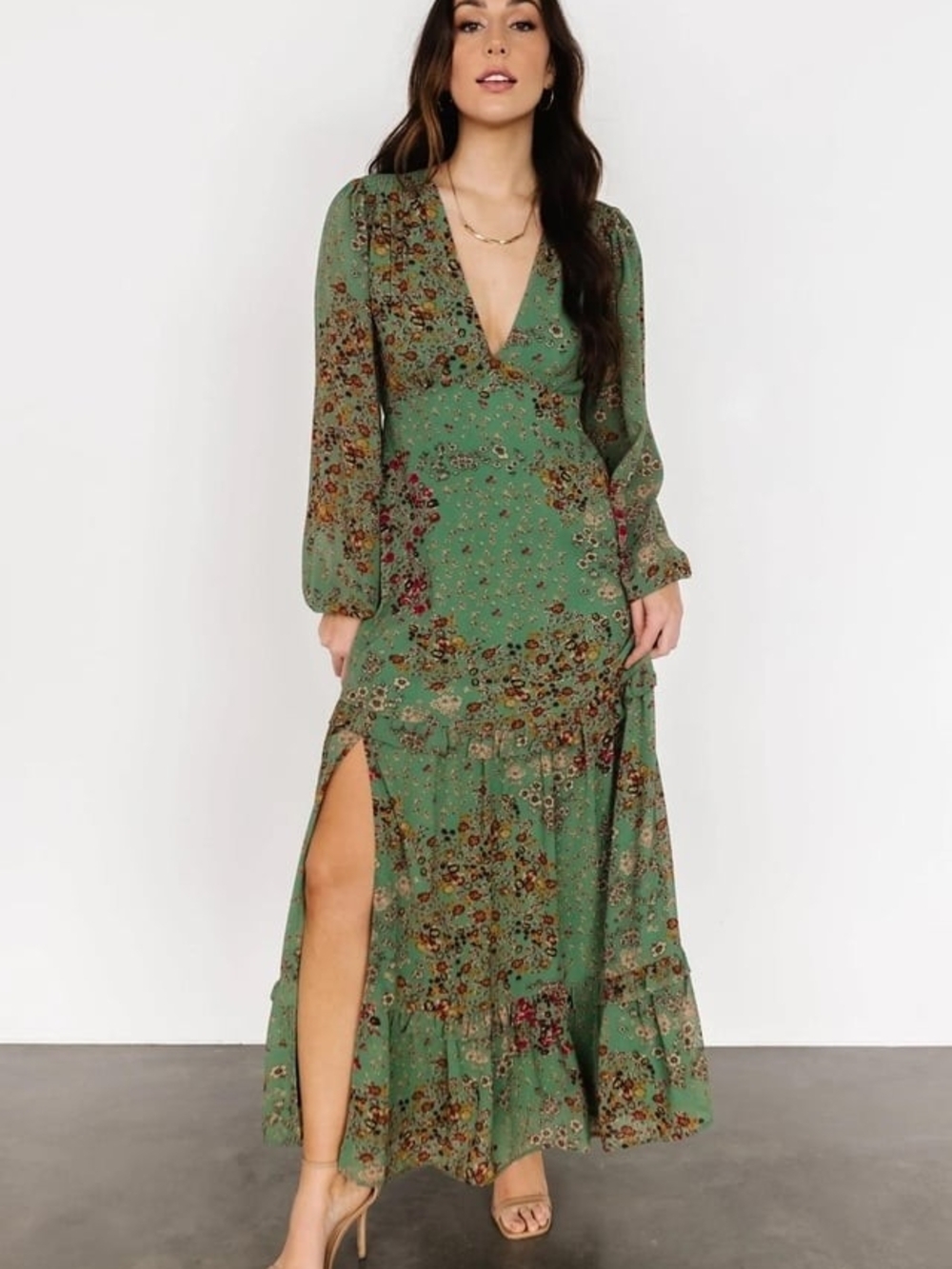 Baltic Born Bowman Deep V Maxi Dress Green Floral